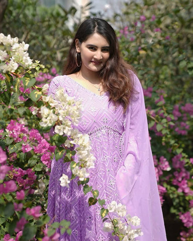 Party Wear Lavender Color Faux Blooming With Sequins And Thread Embroidered Work Anarkali Gown