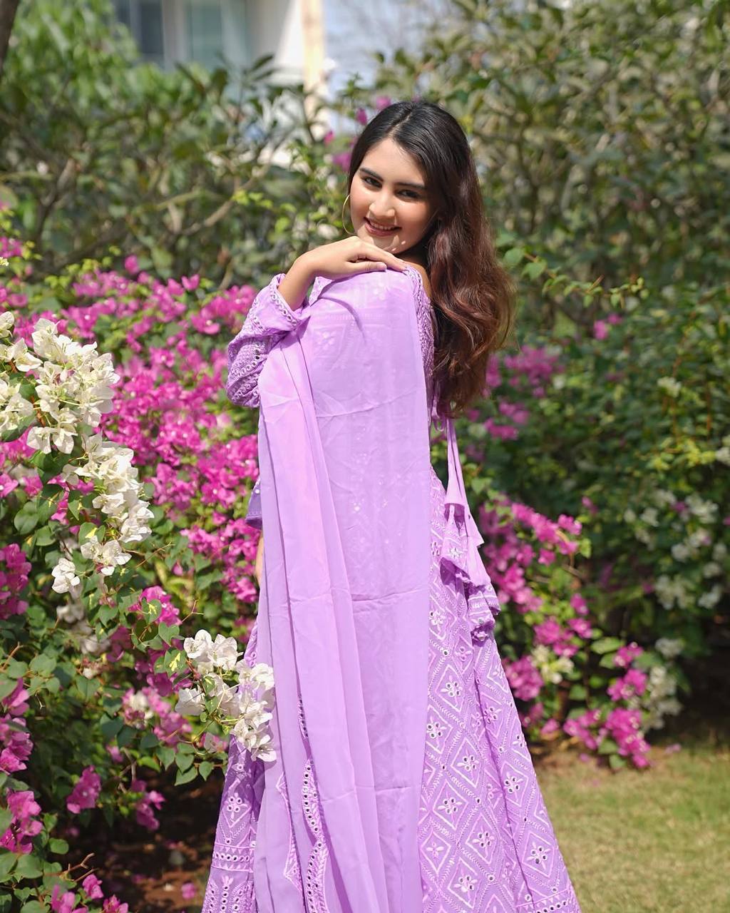 Party Wear Lavender Color Faux Blooming With Sequins And Thread Embroidered Work Anarkali Gown