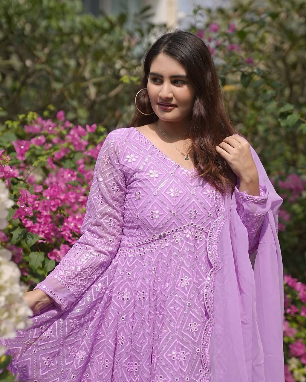 Party Wear Lavender Color Faux Blooming With Sequins And Thread Embroidered Work Anarkali Gown