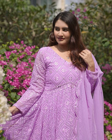 Party Wear Lavender Color Faux Blooming With Sequins And Thread Embroidered Work Anarkali Gown