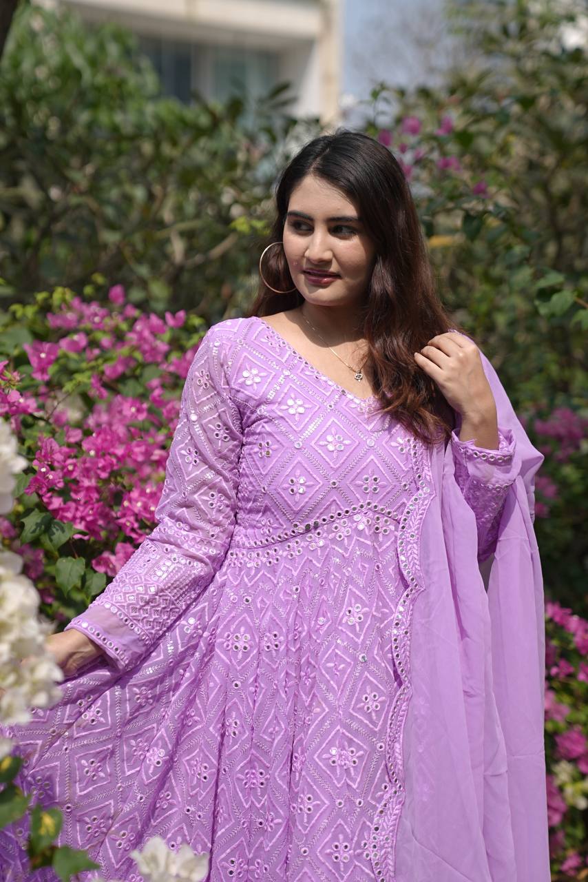 Party Wear Lavender Color Faux Blooming With Sequins And Thread Embroidered Work Anarkali Gown