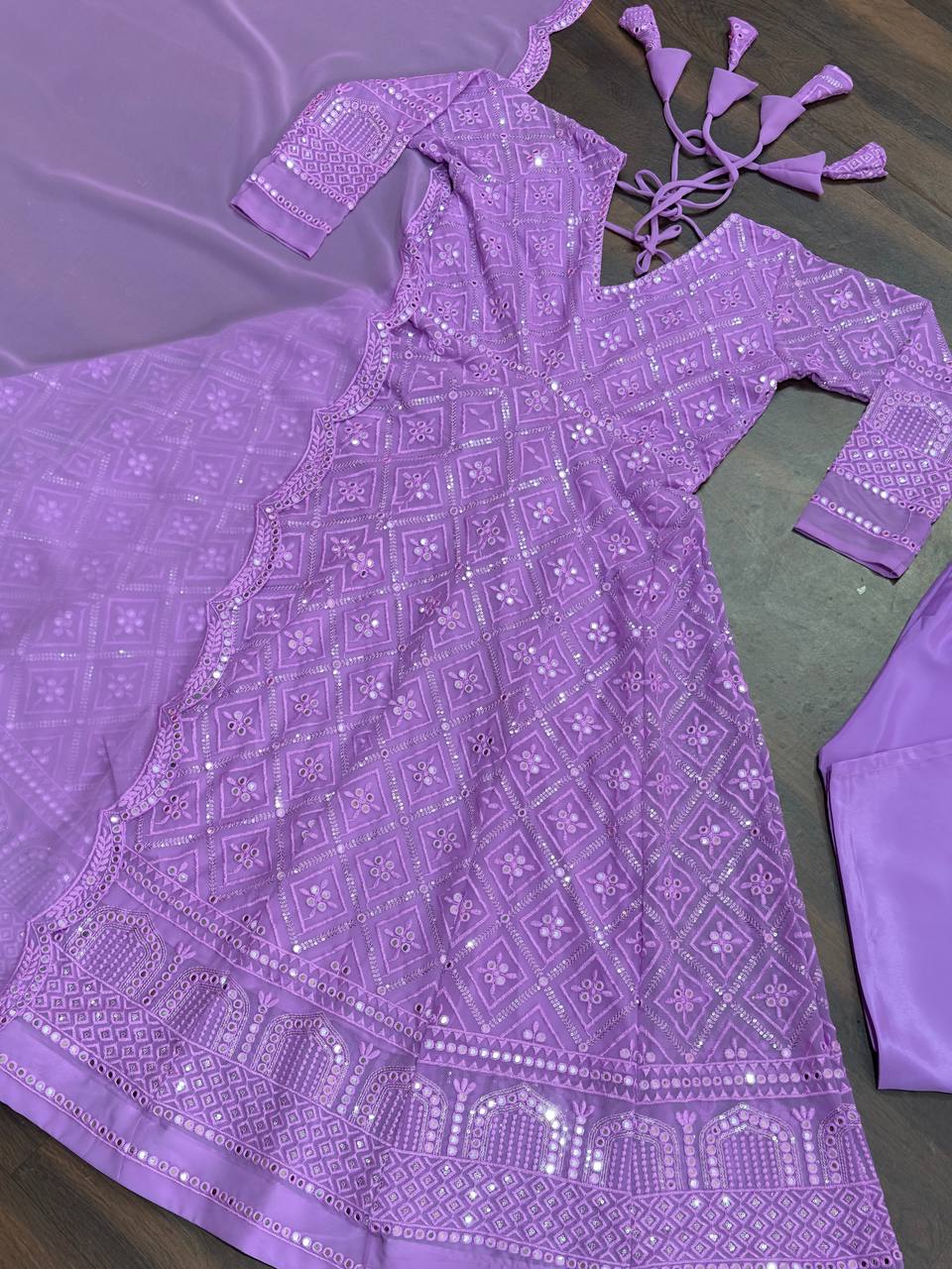 Party Wear Lavender Color Faux Blooming With Sequins And Thread Embroidered Work Anarkali Gown