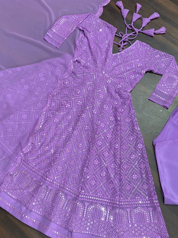 Party Wear Lavender Color Faux Blooming With Sequins And Thread Embroidered Work Anarkali Gown