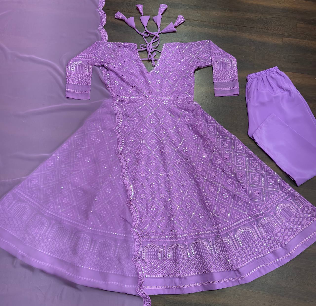 Party Wear Lavender Color Faux Blooming With Sequins And Thread Embroidered Work Anarkali Gown