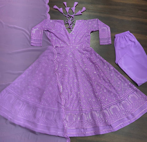 Party Wear Lavender Color Faux Blooming With Sequins And Thread Embroidered Work Anarkali Gown