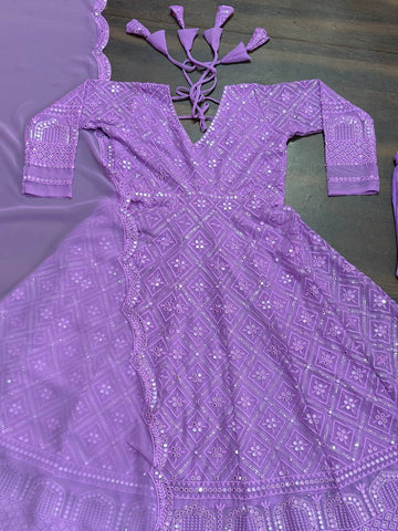 Party Wear Lavender Color Faux Blooming With Sequins And Thread Embroidered Work Anarkali Gown