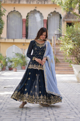 Wedding Wear Teal Green Color Faux Blooming With Sequins Embroidered Designer Kurit Palazzo Suit