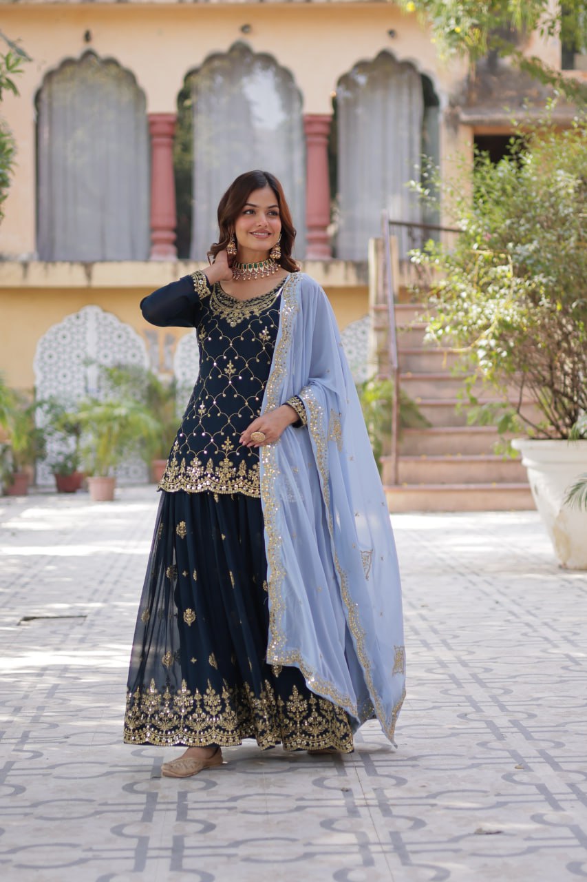 Wedding Wear Teal Green Color Faux Blooming With Sequins Embroidered Designer Kurit Palazzo Suit