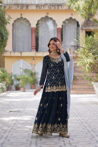 Wedding Wear Teal Green Color Faux Blooming With Sequins Embroidered Designer Kurit Palazzo Suit