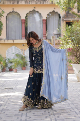 Wedding Wear Teal Green Color Faux Blooming With Sequins Embroidered Designer Kurit Palazzo Suit