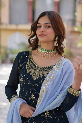 Wedding Wear Teal Green Color Faux Blooming With Sequins Embroidered Designer Kurit Palazzo Suit