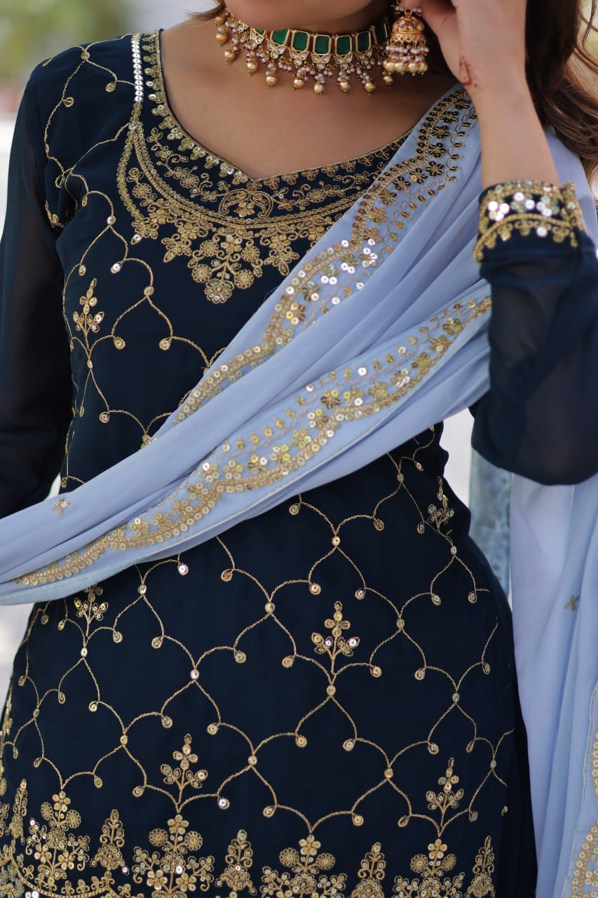 Wedding Wear Teal Green Color Faux Blooming With Sequins Embroidered Designer Kurit Palazzo Suit