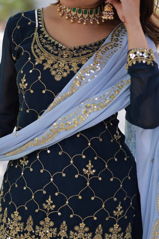 Wedding Wear Teal Green Color Faux Blooming With Sequins Embroidered Designer Kurit Palazzo Suit