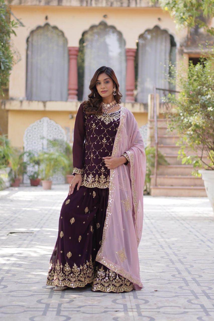 Ceremony Wear Coffee Color Faux Blooming With Sequins Embroidered Designer Kurit Palazzo Suit