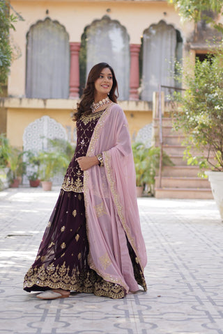 Ceremony Wear Coffee Color Faux Blooming With Sequins Embroidered Designer Kurit Palazzo Suit