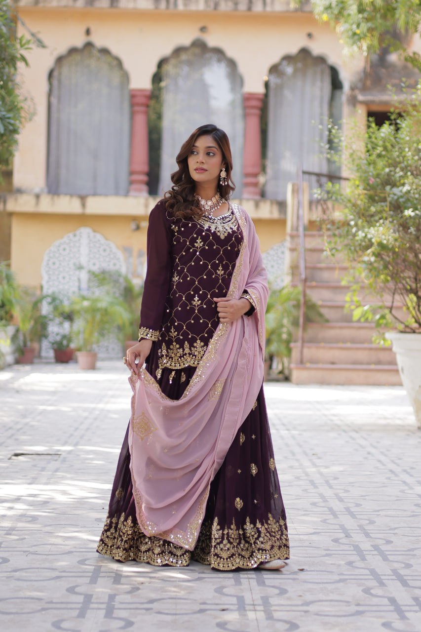 Ceremony Wear Coffee Color Faux Blooming With Sequins Embroidered Designer Kurit Palazzo Suit
