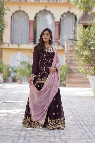 Ceremony Wear Coffee Color Faux Blooming With Sequins Embroidered Designer Kurit Palazzo Suit