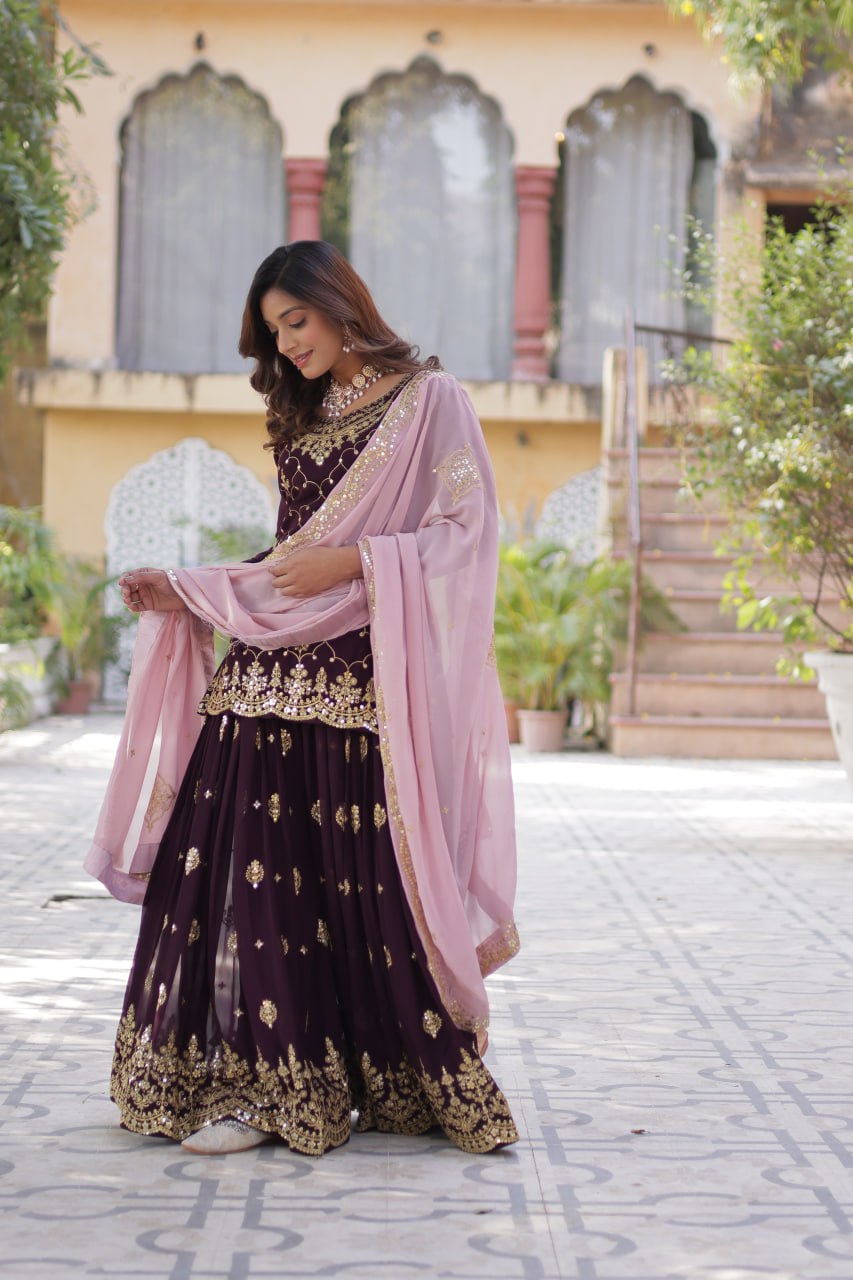 Ceremony Wear Coffee Color Faux Blooming With Sequins Embroidered Designer Kurit Palazzo Suit