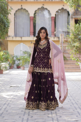 Ceremony Wear Coffee Color Faux Blooming With Sequins Embroidered Designer Kurit Palazzo Suit