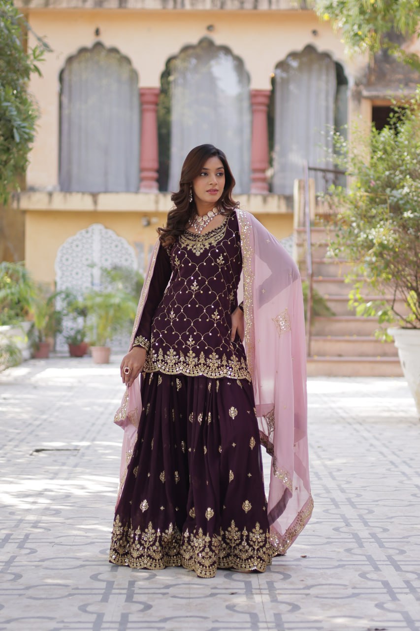 Ceremony Wear Coffee Color Faux Blooming With Sequins Embroidered Designer Kurit Palazzo Suit
