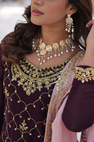 Ceremony Wear Coffee Color Faux Blooming With Sequins Embroidered Designer Kurit Palazzo Suit