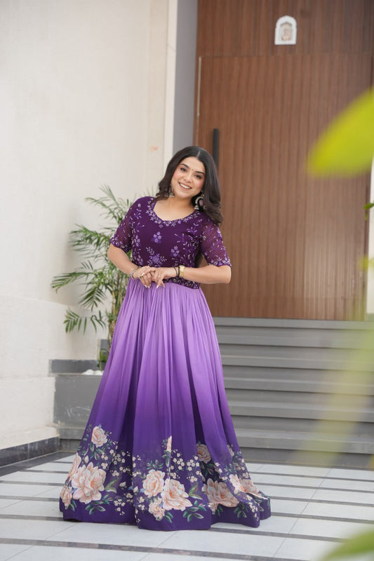 Reception Wear Purple Color Faux Blooming With Embroidered Work And Rich Floral Padding Digital Printed Gown