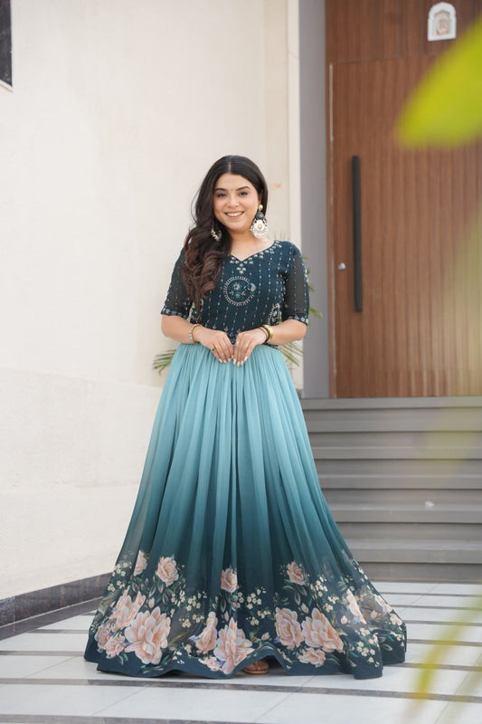 Reception Wear Sky Color Faux Blooming With Embroidered Work And Rich Floral Padding Digital Printed Gown