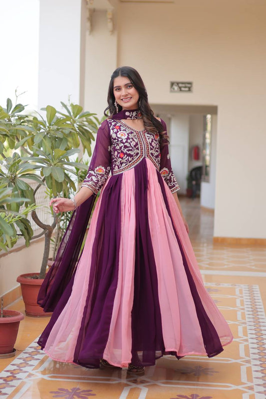 Alluring Pink And Wine Color Georgette With Sequence Embroidery Work Gown