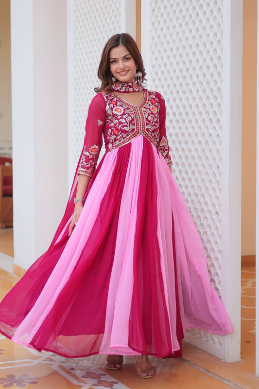 Alluring Pink And Red Color Georgette With Sequence Embroidery Work Gown