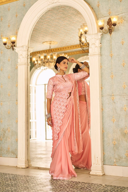 Party Wear Peach Color Chinon With Embroidery Work Ready To Wear Saree