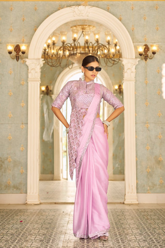 Party Wear Baby Pink Color Chinon With Embroidery Work Ready To Wear Saree