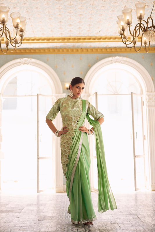 Party Wear Green Color Chinon With Embroidery Work Ready To Wear Saree