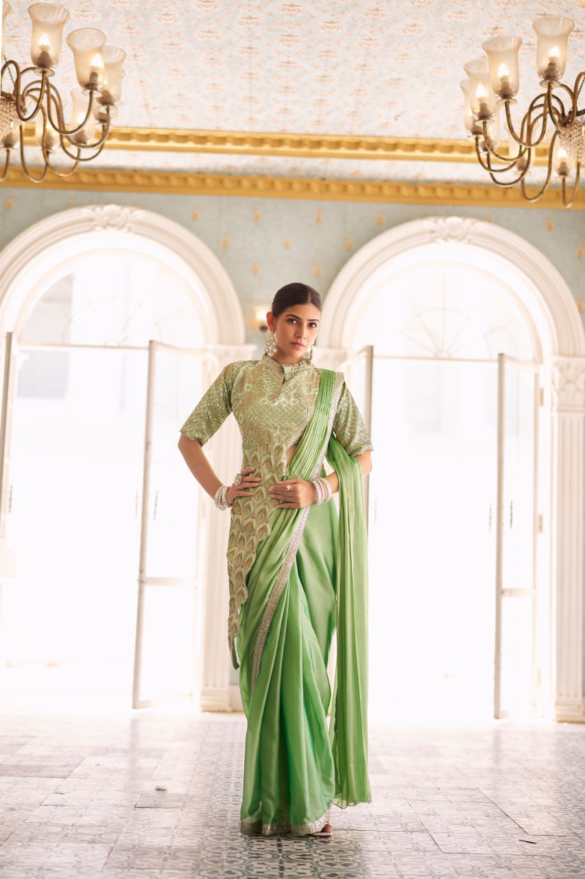 Party Wear Green Color Chinon With Embroidery Work Ready To Wear Saree