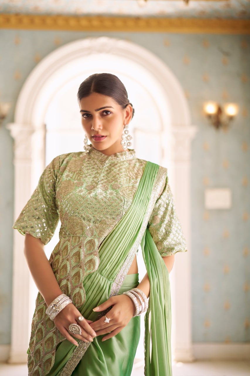 Party Wear Green Color Chinon With Embroidery Work Ready To Wear Saree