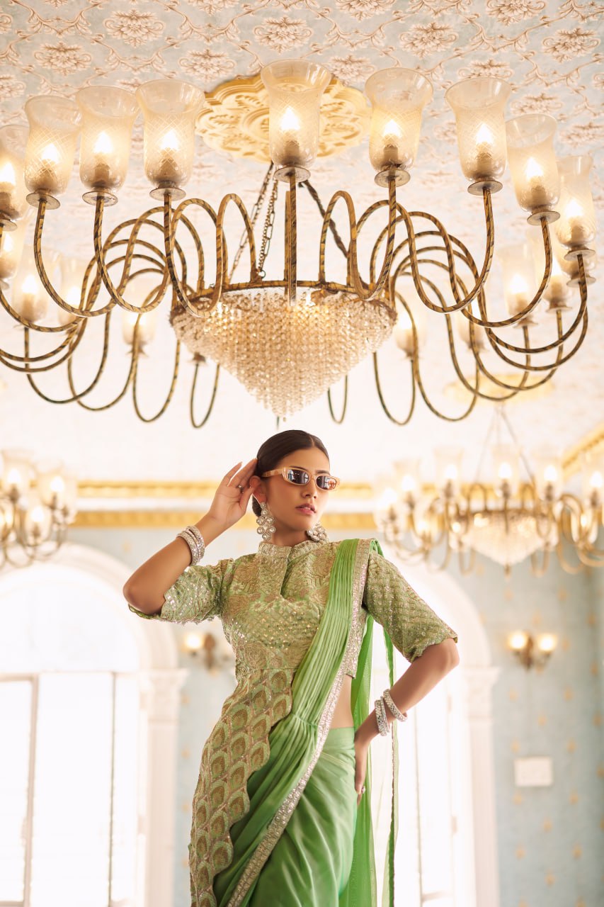 Party Wear Green Color Chinon With Embroidery Work Ready To Wear Saree