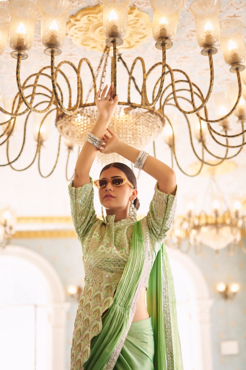 Party Wear Green Color Chinon With Embroidery Work Ready To Wear Saree