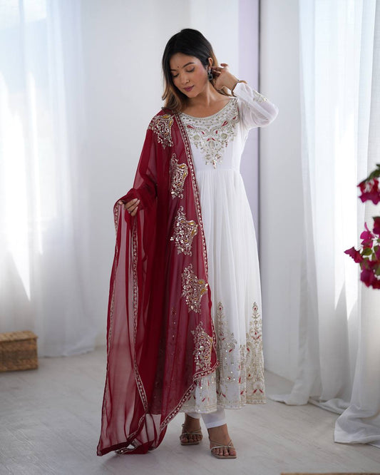 Ceremony Wear White Color Georgette With Multi Thread Embroidery Sequence Work Designer Gown