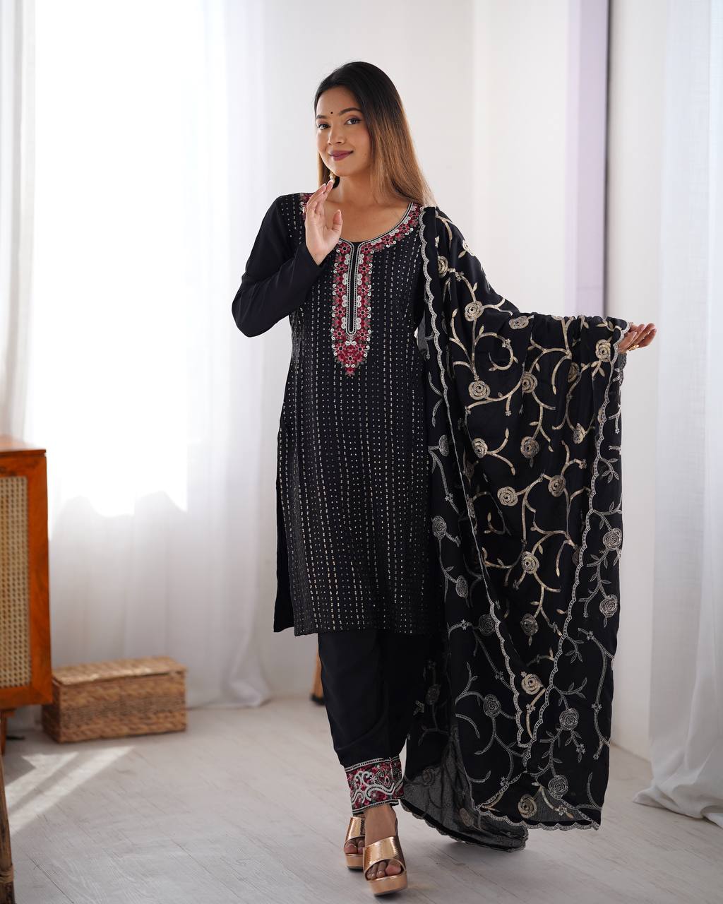 Superhit Black Color Chinon Silk Thread With Sequence Work Salwar Suit