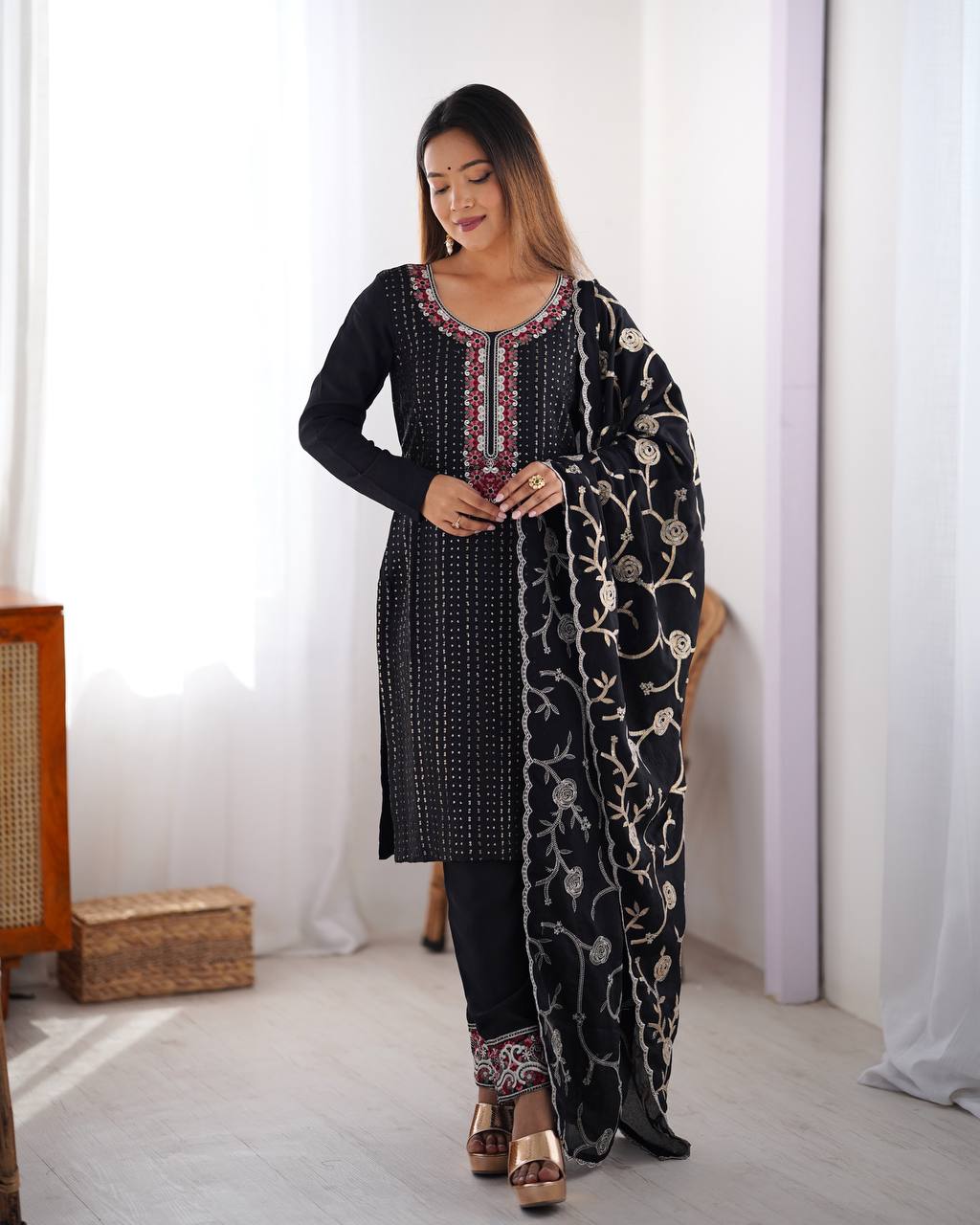 Superhit Black Color Chinon Silk Thread With Sequence Work Salwar Suit