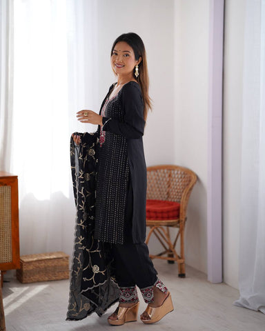 Superhit Black Color Chinon Silk Thread With Sequence Work Salwar Suit