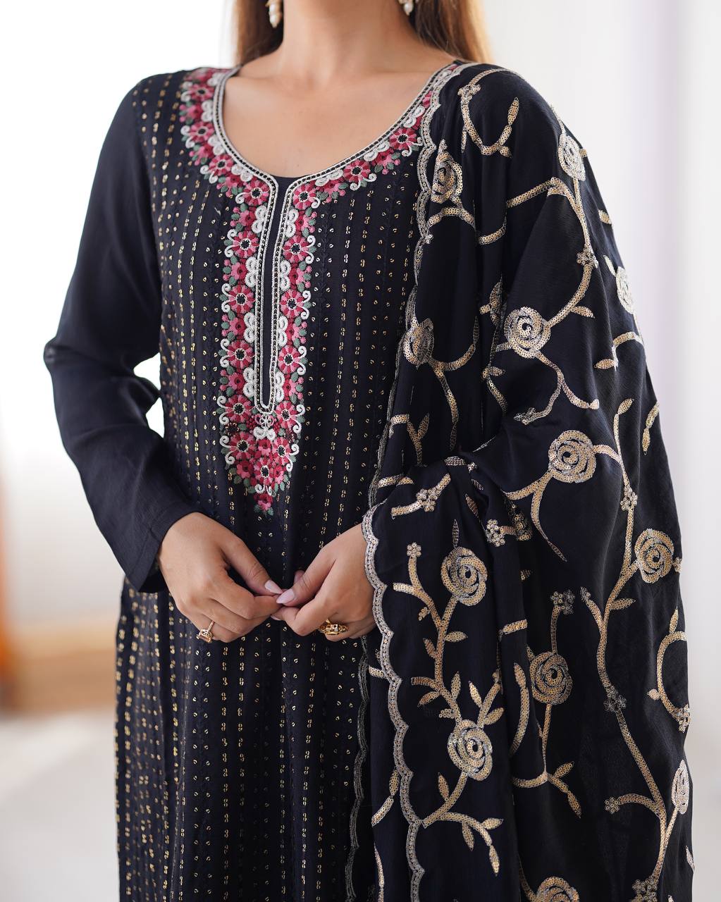 Superhit Black Color Chinon Silk Thread With Sequence Work Salwar Suit