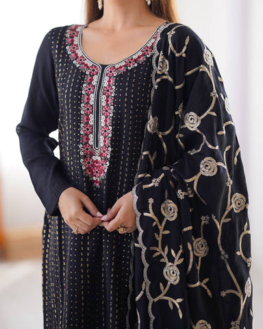 Superhit Black Color Chinon Silk Thread With Sequence Work Salwar Suit