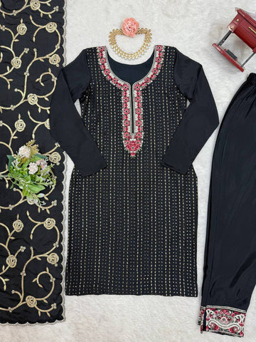 Superhit Black Color Chinon Silk Thread With Sequence Work Salwar Suit
