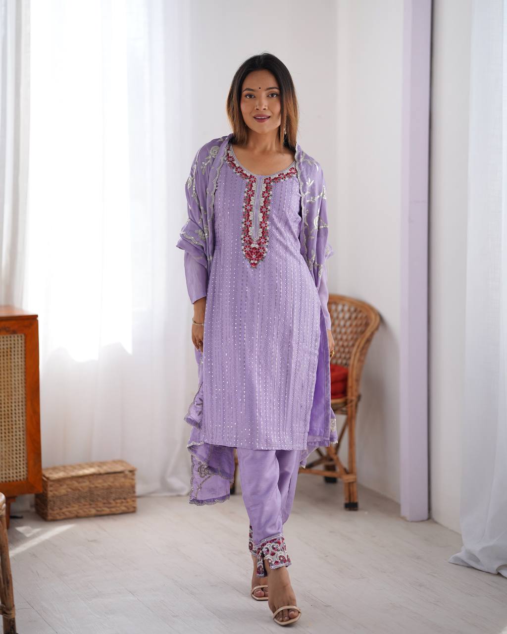 Superhit Lavender Color Chinon Silk Thread With Sequence Work Salwar Suit