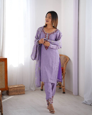 Superhit Lavender Color Chinon Silk Thread With Sequence Work Salwar Suit
