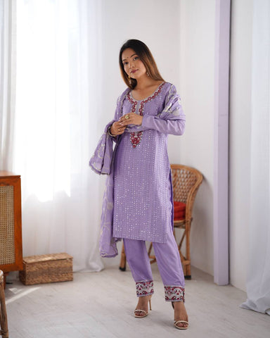 Superhit Lavender Color Chinon Silk Thread With Sequence Work Salwar Suit