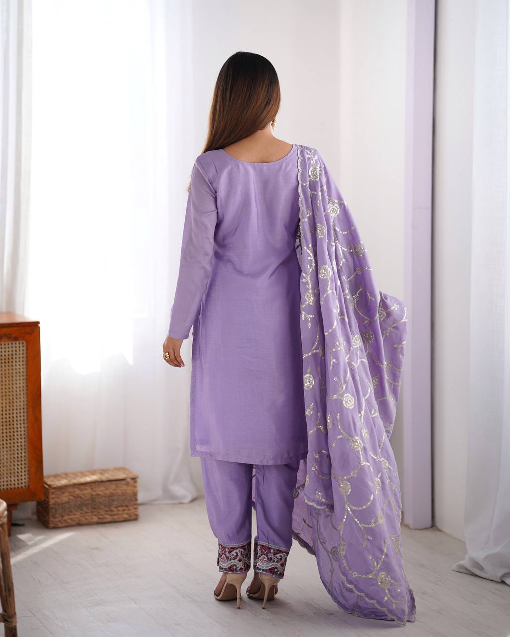 Superhit Lavender Color Chinon Silk Thread With Sequence Work Salwar Suit