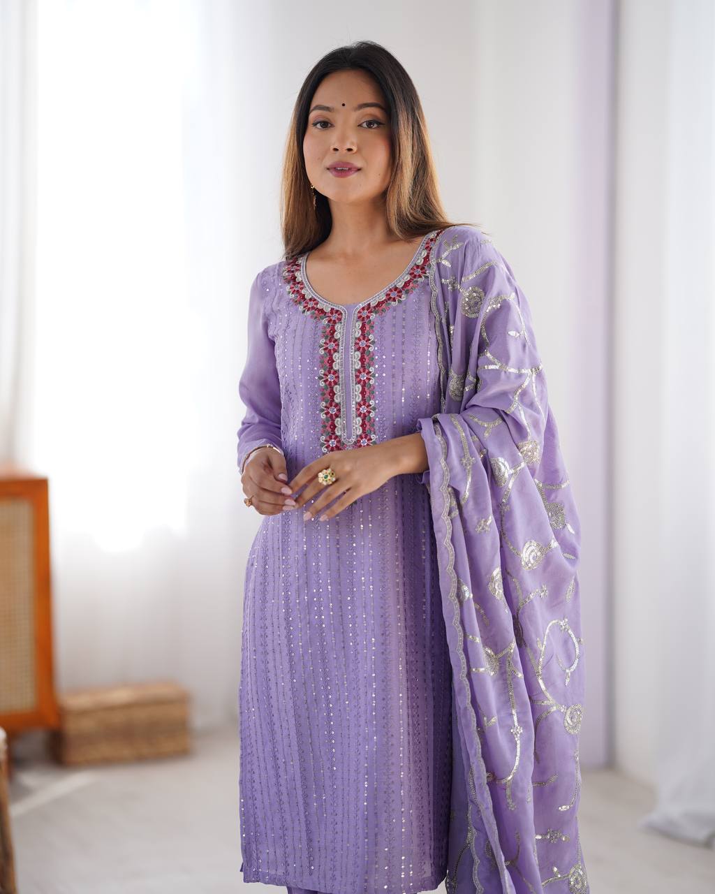 Superhit Lavender Color Chinon Silk Thread With Sequence Work Salwar Suit