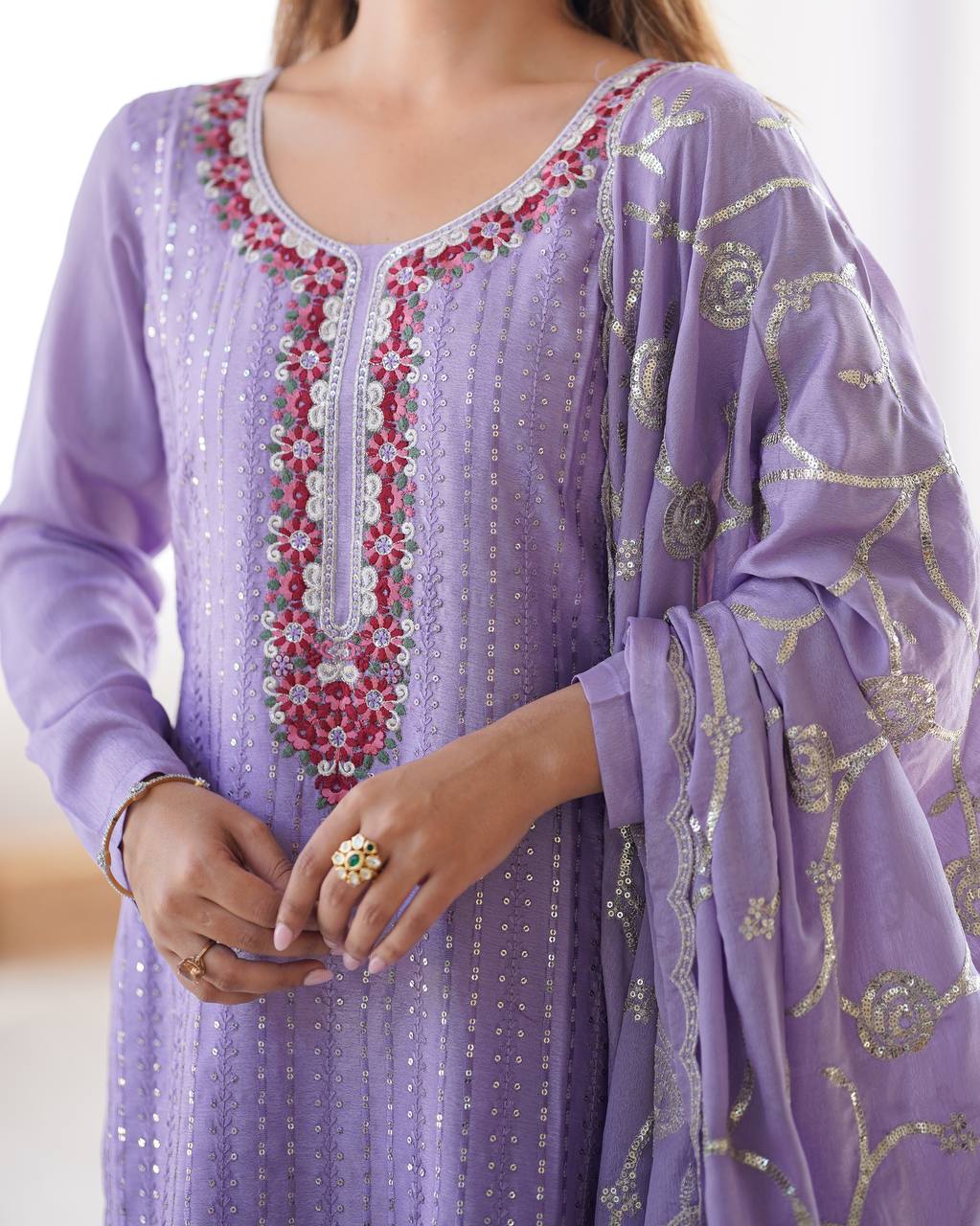 Superhit Lavender Color Chinon Silk Thread With Sequence Work Salwar Suit