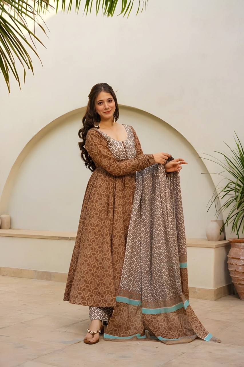 Party Wear Brown Color Maslin Fabric Digital Printed Work Anarkali Suit